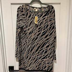 NWT Michael Kors Link Chain Pearl Border Shift Dress Black / Gold